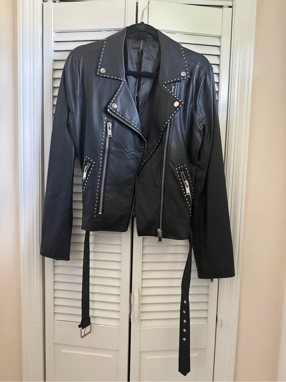 Studded Black Faux Leather Moto Jacket with Belt